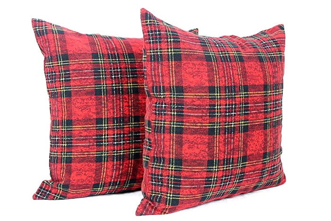 Red Tartan Plaid Throw Pillow Cover Red Wool Pillow Cover Etsy