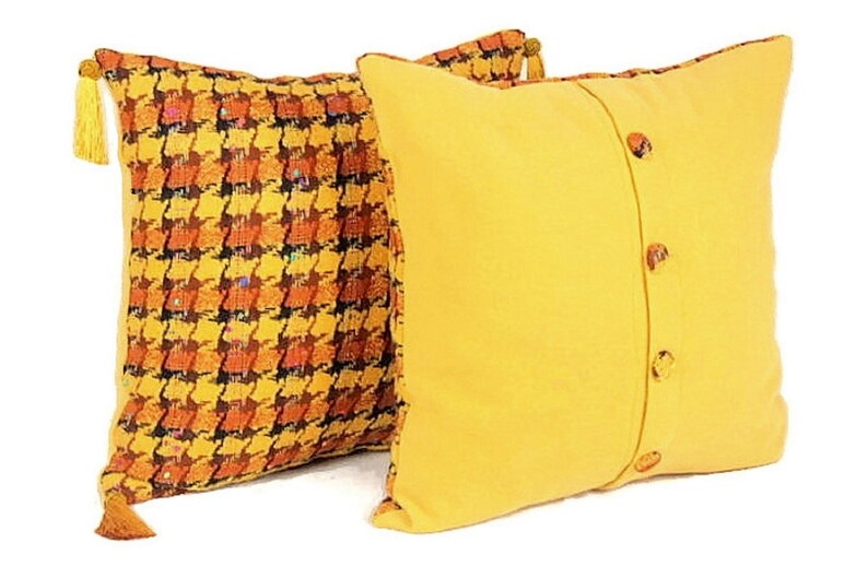 Wool Tartan Plaid Pillow Cover Yellow Orange Button Pillow Etsy