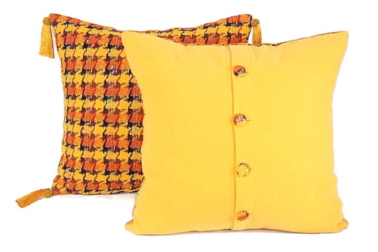 Wool Tartan Plaid Pillow Cover Yellow & Orange Button Pillow Etsy