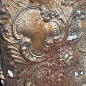 May include: Close-up of a weathered, ornate metal panel with a detailed, embossed design. The panel features swirling patterns, floral motifs, and a distressed, aged appearance with shades of brown, gold, and rust.