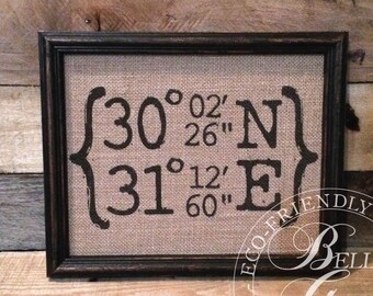 Housewarming Gift - New Home Burlap Coordinates - Longitude Latitude Sign - Wedding Gift for Husband - Engagement Gift for Fiance - Rustic