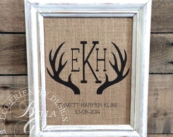 Rustic Antler Monogram Sign - Burlap or Cotton Art Print -  Nursery Decor Baby Shower Newborn Gift - Baby Room Rustic Nursery Woodland Theme