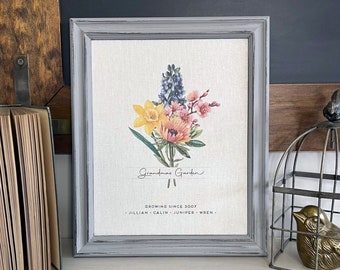 Personalized Birth Month Flower Bouquet Mother's Day Gift for Mom Grandma Nana Grandchildren's Names Growing Since Floral Art Print Linen