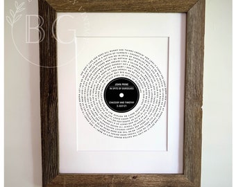 First Anniversary Vinyl Record Song Lyrics Gift - 1st Paper Anniversary Art Print - Music Loving Husband or Wife - First Wedding Anniversary