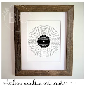 First Anniversary Vinyl Record Song Lyrics Gift - 1st Paper Anniversary Art Print - Music Loving Husband or Wife - First Wedding Anniversary