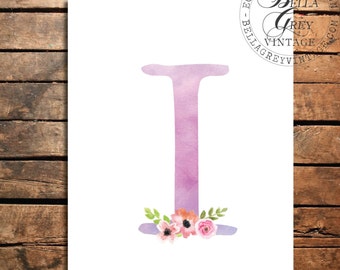 Woodland Flower Nursery Monogram Initial Art Print - Watercolor Art Print - Nursery Decor - Baby Shower - Letter I - Personalized Baby Gift