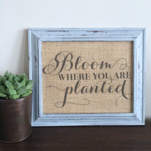 May include: A light blue framed burlap sign with the text "Bloom where you are planted" in black cursive lettering.
