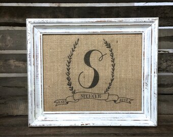 Last Name Monogram Burlap Cotton Fabric Art Print Sign - Customized Established Date Personalized Wedding - Anniversary - Bridal Shower Gift