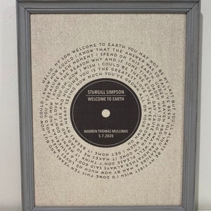 Puede incluir: Una impresi&oacute;n enmarcada de una letra de canci&oacute;n sobre un fondo de lienzo beige. Las letras est&aacute;n en un c&iacute;rculo alrededor de un disco negro con el texto "Sturgill Simpson Welcome to Earth Warren Thomas Mullinax 5.7.2020".