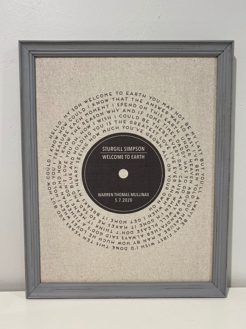 Puede incluir: Una impresi&oacute;n enmarcada de una letra de canci&oacute;n sobre un fondo de lienzo beige. Las letras est&aacute;n en un c&iacute;rculo alrededor de un disco negro con el texto "Sturgill Simpson Welcome to Earth Warren Thomas Mullinax 5.7.2020".