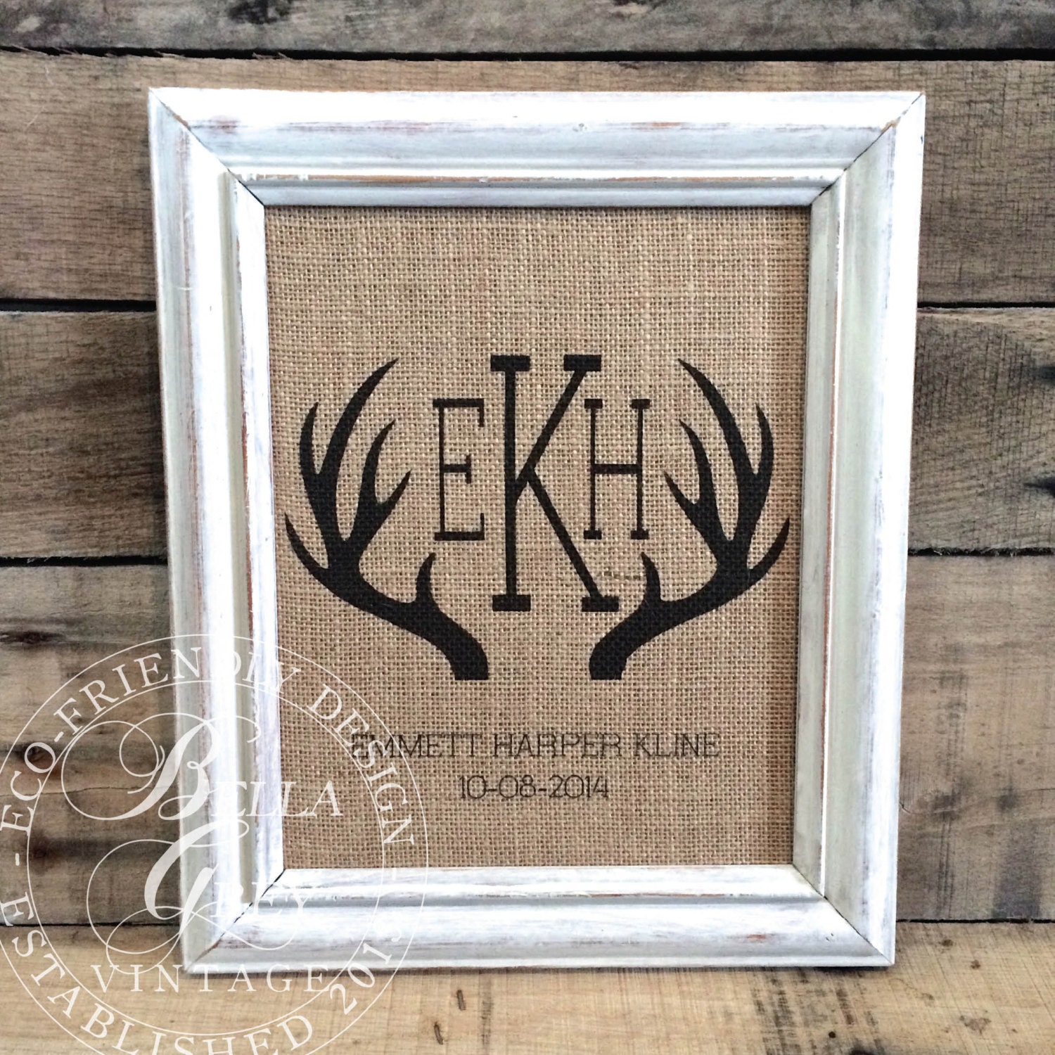 Rustic Antler Monogram Sign Burlap Or Cotton Art Print Nursery