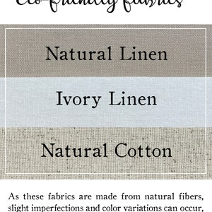 Puede incluir: Tres muestras de tela, etiquetadas como "Lino Natural", "Lino Marfil" y "Algod&oacute;n Natural". El texto "Tejidos ecol&oacute;gicos" aparece en la parte superior de la imagen. El texto "Como estas telas est&aacute;n hechas de fibras naturales, pueden ocurrir ligeras imperfecciones y variaciones de color, lo que hace que cada impresi&oacute;n sea &uacute;nica." aparece en la parte inferior de la imagen.