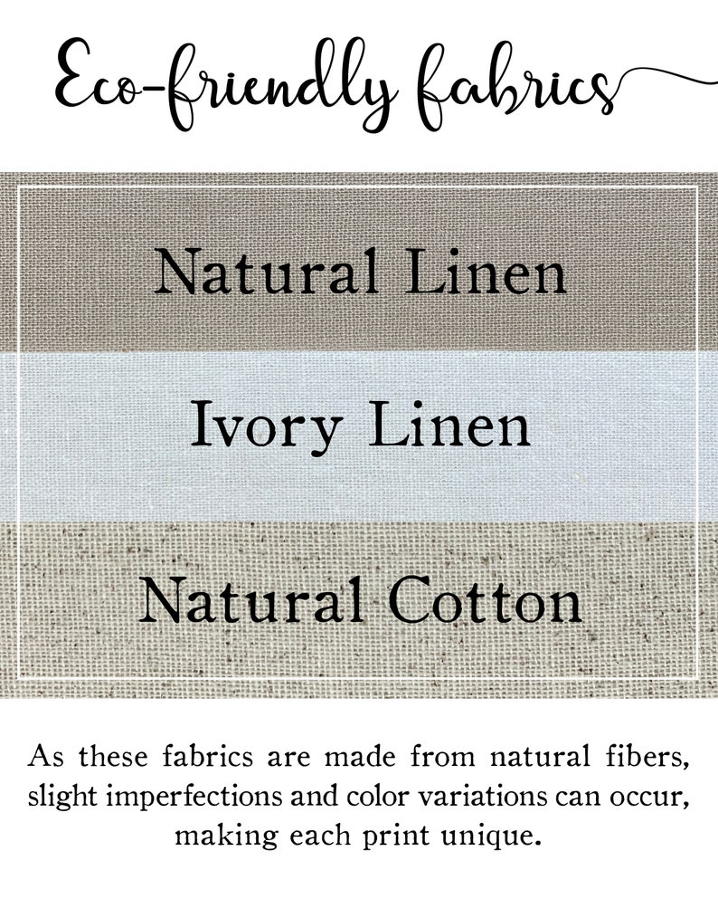 Puede incluir: Tres muestras de tela, etiquetadas como "Lino Natural", "Lino Marfil" y "Algod&oacute;n Natural". El texto "Tejidos ecol&oacute;gicos" aparece en la parte superior de la imagen. El texto "Como estas telas est&aacute;n hechas de fibras naturales, pueden ocurrir ligeras imperfecciones y variaciones de color, lo que hace que cada impresi&oacute;n sea &uacute;nica." aparece en la parte inferior de la imagen.