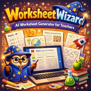 May include: A colorful illustration promoting "Worksheet Wizard," an AI worksheet generator for teachers. It features an owl wizard with a wand, a laptop displaying math problems, and various educational elements like books, a rocket, and an apple.