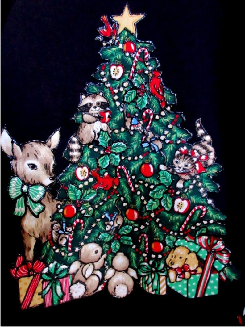 Vintage 1990/'s NEW never worn Ugly Sweaters Black Sweatshirt Christmas Tree with Deer Size Lg.