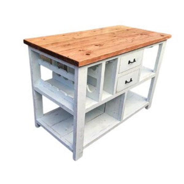 Rustic Shabby Chic Farmhouse Kitchen Island w/ Wine Rack