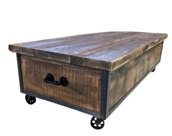 Large, Long, Rustic Industrial Barn Board Coffee / Cocktail table w/ Drawers on Cast Iron casters  / Reclaimed Wood