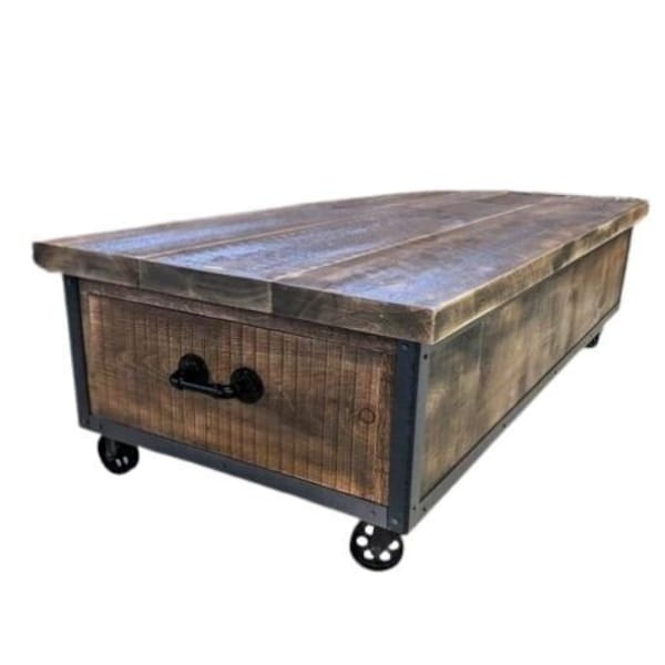 Large, Long, Rustic Industrial Barn Board Coffee / Cocktail table w/ Drawers on Cast Iron casters  / Reclaimed Wood