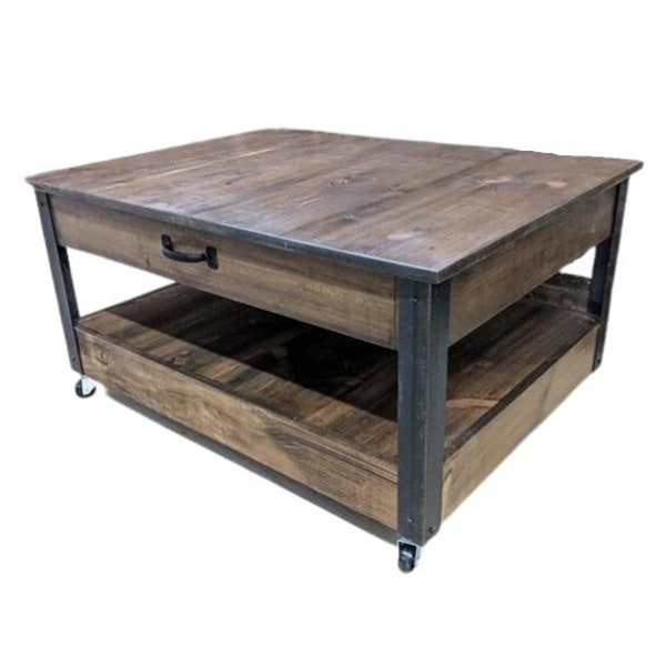Rustic Industrial Reclaimed Wood Coffee / Cocktail table w/ Drawer on casters / wheels