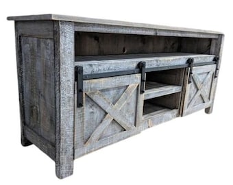 Rustic Industrial Barn Board / Reclaimed Wood Media Stand / TV / Entertainment Stand w/ Sliding Doors / Reclaimed Wood