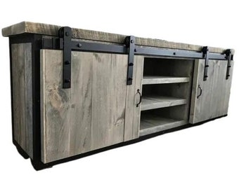 Rustic Industrial Barn Board / Reclaimed Wood Media Stand / TV / Entertainment Stand w/ Sliding Doors / Reclaimed Wood