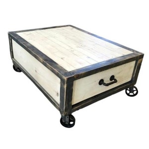 Large Rustic Industrial Reclaimed Wood Coffee / Cocktail table w/ Drawers on Cast Iron casters  / Reclaimed Wood