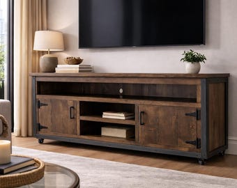 Rustic Reclaimed Wood Media Stand: Dark Walnut, Steel Corner Accents