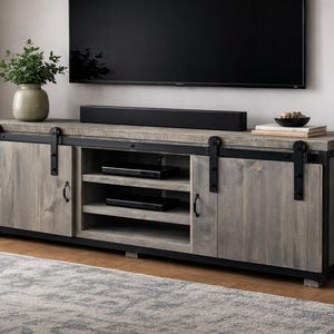 Farmhouse TV Stand with Sliding Barn Doors, Rustic Industrial Media Console, Weathered Gray, Coastal White, Brown Barn wood, Black, Walnut