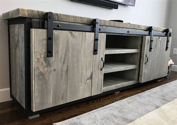 Rustic Industrial Barn Board Media Stand w/ Sliding Doors ...