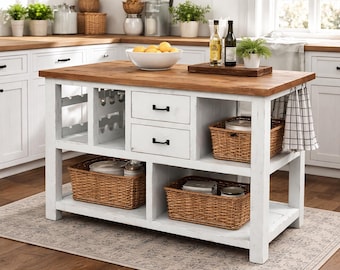 Isla de cocina estilo granja con encimera de madera maciza, botellero y estantes de almacenamiento – Acabado blanco rústico
