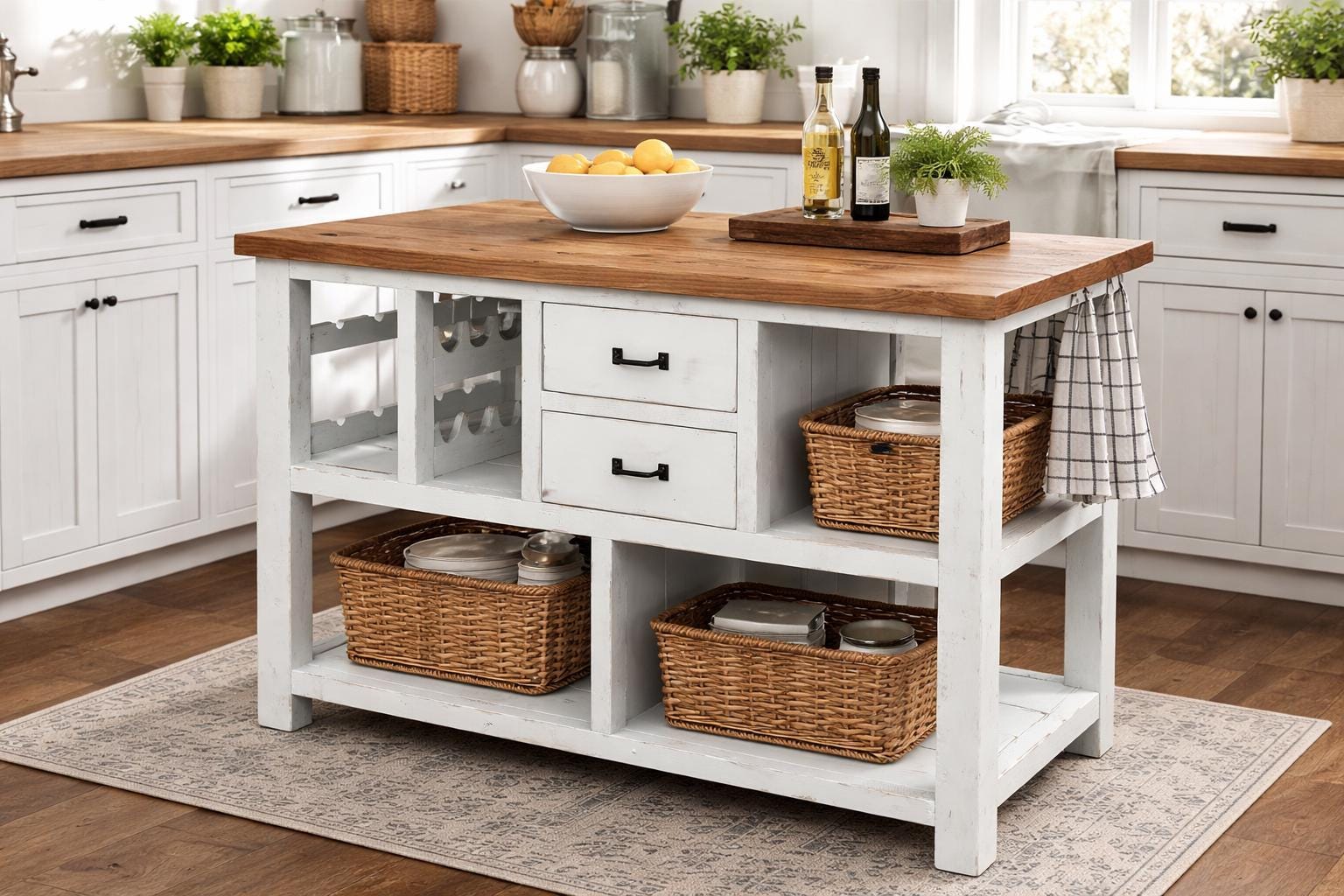 Farmhouse Kitchen Island With Solid Wood Top, Wine Rack & Storage ...