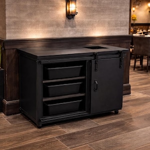 Rustic Industrial Reclaimed Wood Waitstaff Station with Trash Receptacle