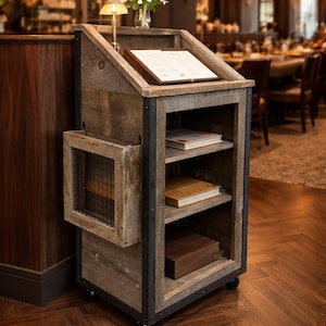 Rustic Barn Wood Host Stand, Restaurant Podium, Hostess Stand on Wheels, Reclaimed Wood Furniture / multiple finishes