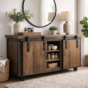 Rustic Reclaimed Wood Media Console, Industrial TV Stand with Sliding Barn Doors