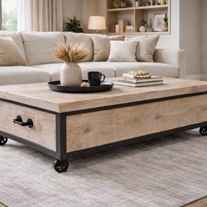 Reclaimed Wood Coffee Table, Rustic Industrial Table with Wheels, Available in Walnut, Whitewash, Grey or Black Finish