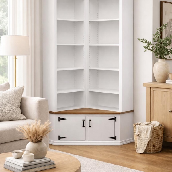 Corner Bookcase with Cabinet Base – Built-In Style Corner Library Storage
