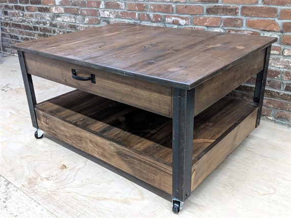 Rustic Industrial Reclaimed Wood Coffee Table W Drawer Etsy