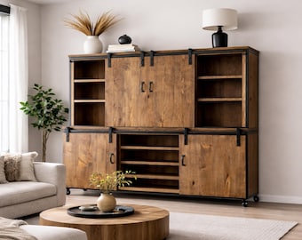 Large Rustic Industrial Media Console - Farmhouse TV Stand with Storage