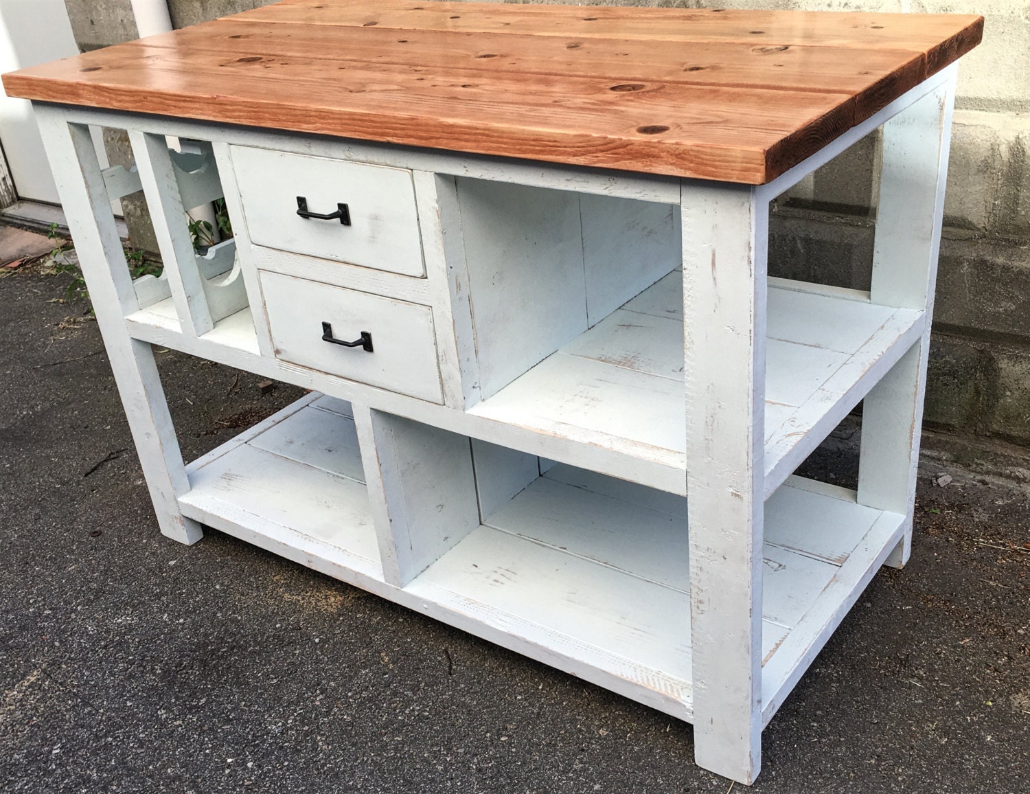 Farmhouse Kitchen Island With Solid Wood Top, Wine Rack & Storage ...