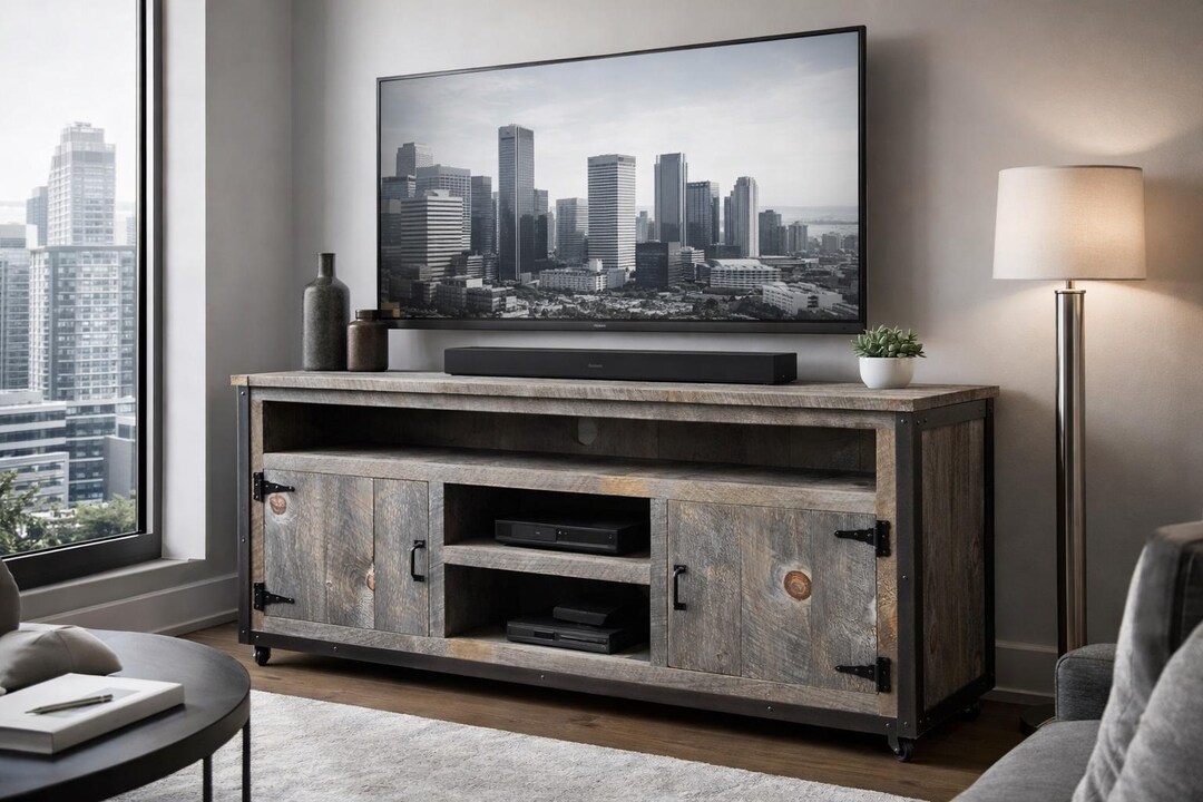 Modern Rustic Reclaimed Wood Media Console – Industrial Steel Frame ...