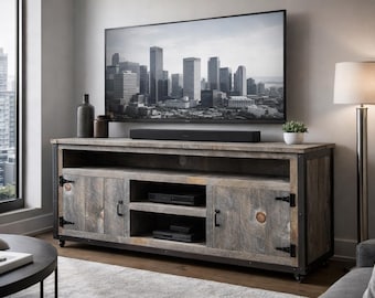 Modern Rustic Reclaimed Wood Media Console – Industrial Steel Frame (Silver Patina or Natural Brown/Gray)