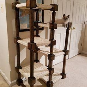 May include: A multi-level cat tower constructed from dark stained wooden posts and square connectors, featuring four beige fabric-covered platforms. Two light-colored Siamese cats are positioned on the top and second-highest levels.