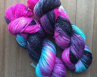 Dancing Queen One of a Kind Sparkle Hand painted Sock yarn