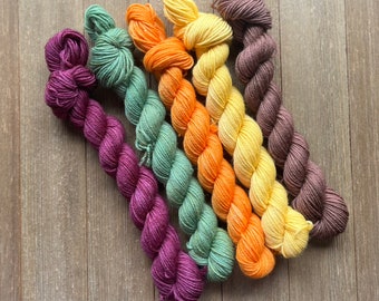 May include: Five skeins of hand-dyed yarn in shades of purple, green, orange, yellow, and brown. The yarn is arranged in a fan shape and the text "Crystalskye's Hand Dyed" is visible at the bottom of the image.