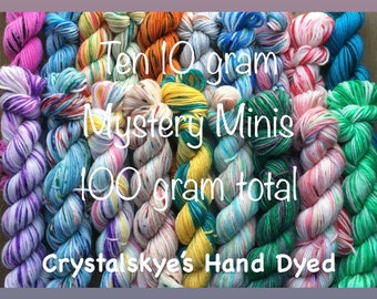 Hand Dyed Yarn 10 gram Mini skeins Mystery Mini 10 Pack Set 46 yard minis SW Sock weight Fingering weight 100 grams total Ready To Ship