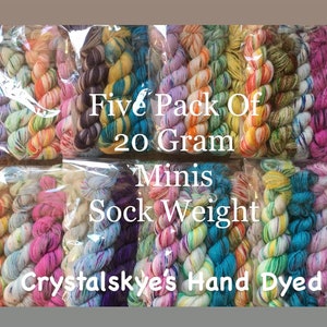 Hand Dyed Yarn Mini Skein packs SW Sock weight Mystery Packs, 5 mini skeins  20g each 90 yards each  100 grams total  Ready to ship