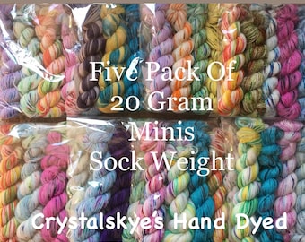 Hand Dyed Yarn Mini Skein packs SW Sock weight Mystery Packs, 5 mini skeins  20g each 90 yards each  100 grams total  Ready to ship