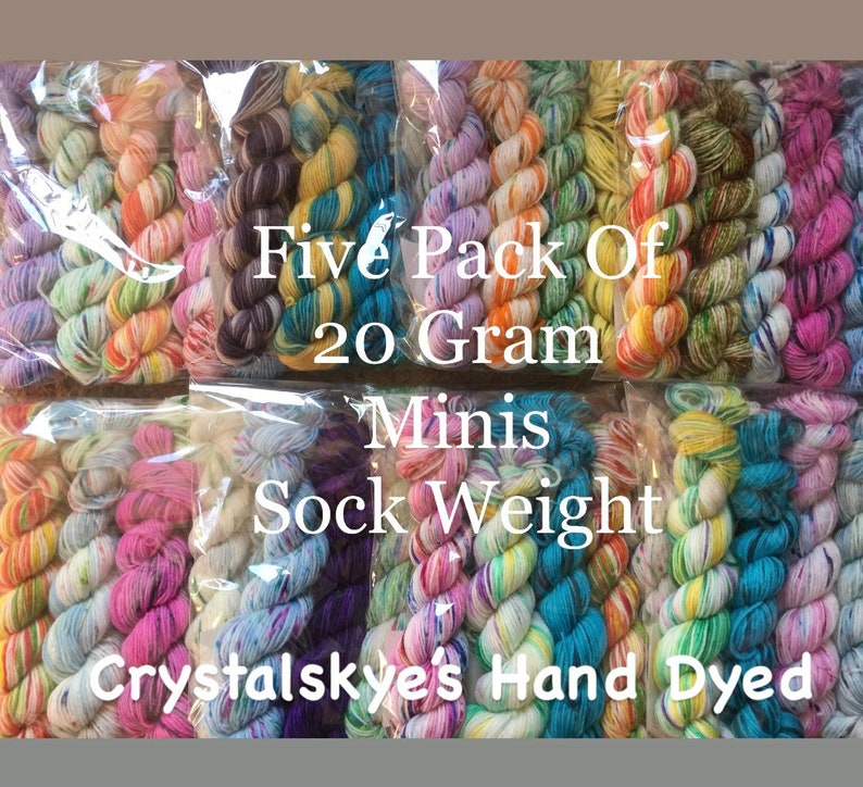 Paquetes de mini madejas de hilo teñido a mano SW Sockweight Mystery Packs, 5 mini madejas de 20 g cada 90 yardas cada 100 gramos en total Listo para enviar imagen 1