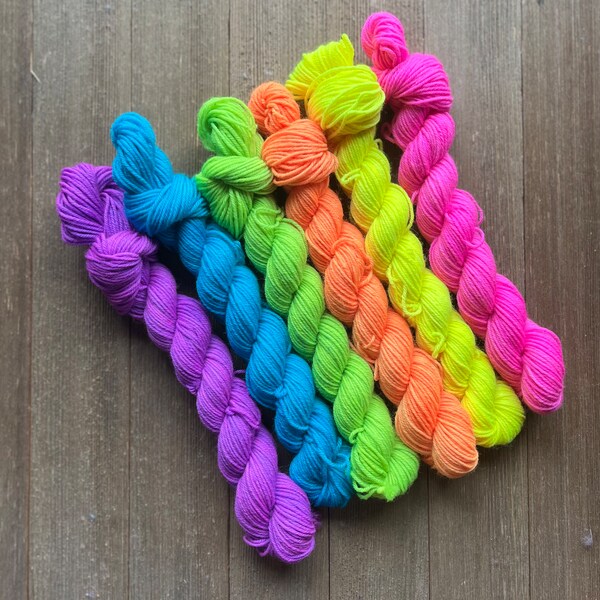 Hand Dyed Yarn | SW Sock Minis | Fluorescent Mini Pack | 6 mini skeins  20g each ( 93 yards each) | 120 g total, Ready to ship
