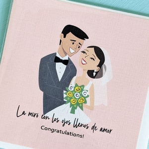 Yeux pleins d'amour, Ojos Llenos de Amor, carte de mariage espagnole, illustration de couple de mariés, carte de voeux de mariage, carte de félicitations